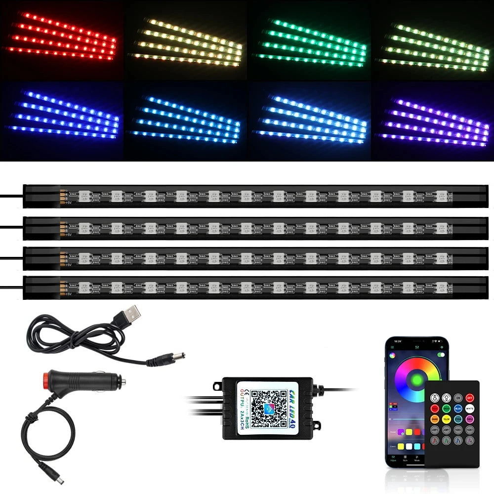 Lumini LED Ambient Podea Auto USB RGB – 36/48/72 LED, App+Telecomandă