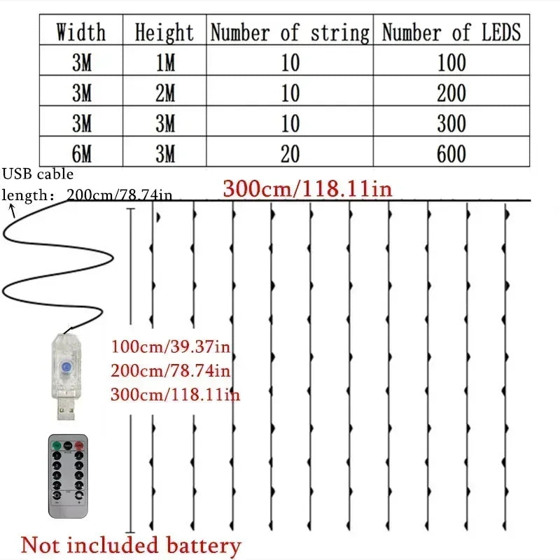 Ghirlandă LED cu Perdea – 8 Moduri Luminoase, USB, Telecomandă