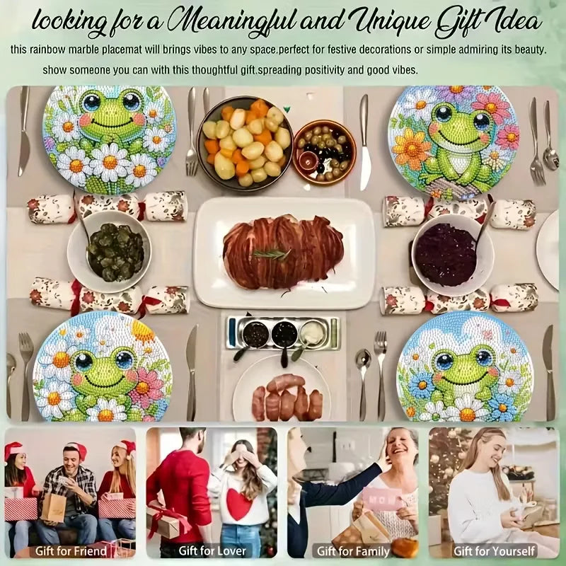 4-piece frog patterned wooden diamond dining mat set, DIY crystal diamond art insulated table mat, mosaic handmade set, without