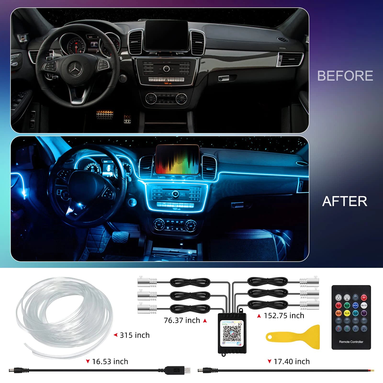 Benzi LED Ambient Interior Auto RGB – Fibră Optică, App+Telecomandă