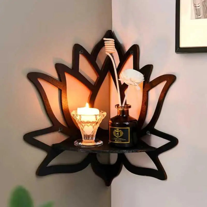 Raft Decorativ din Lemn cu Model Lotus – Stil Boho, Negru