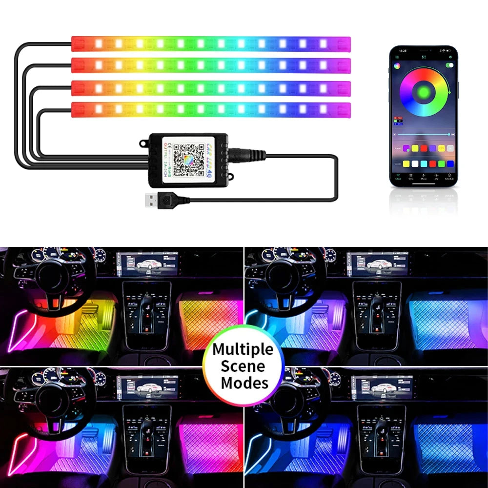 Lumini LED Ambient Podea Auto USB RGB – 36/48/72 LED, App+Telecomandă