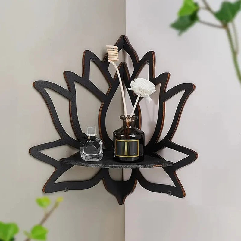 Raft Decorativ din Lemn cu Model Lotus – Stil Boho, Negru