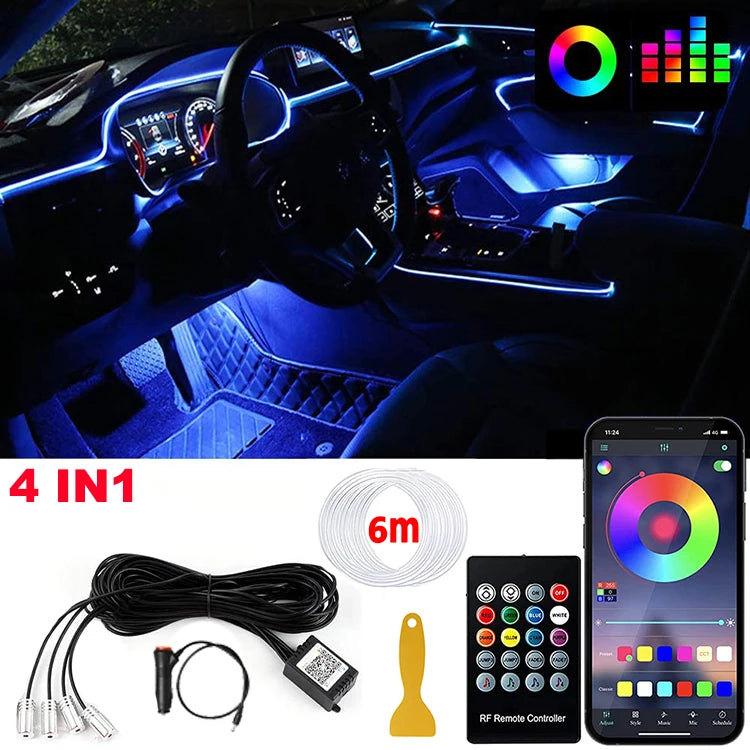 Benzi LED Ambient Interior Auto RGB – Fibră Optică, App+Telecomandă