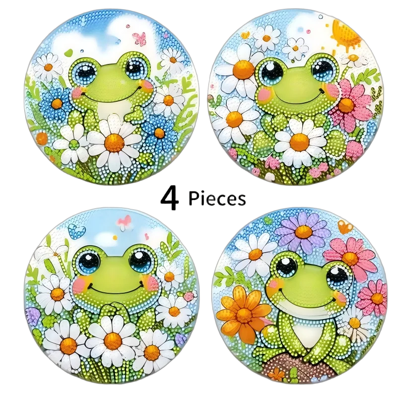 4-piece frog patterned wooden diamond dining mat set, DIY crystal diamond art insulated table mat, mosaic handmade set, without