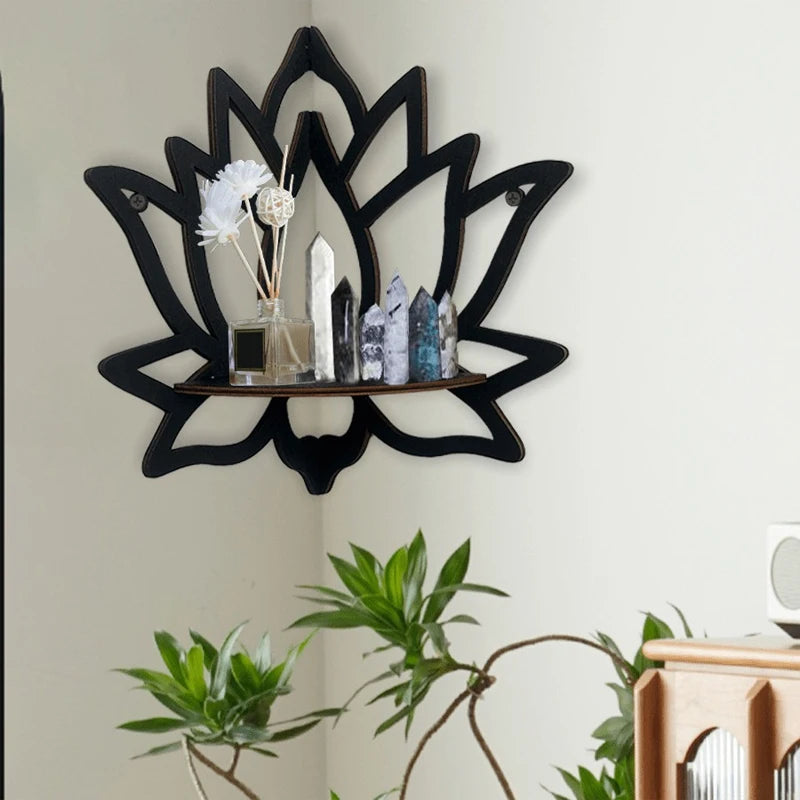 Raft Decorativ din Lemn cu Model Lotus – Stil Boho, Negru