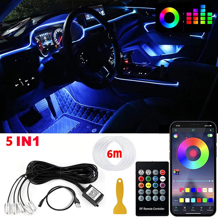 Benzi LED Ambient Interior Auto RGB – Fibră Optică, App+Telecomandă