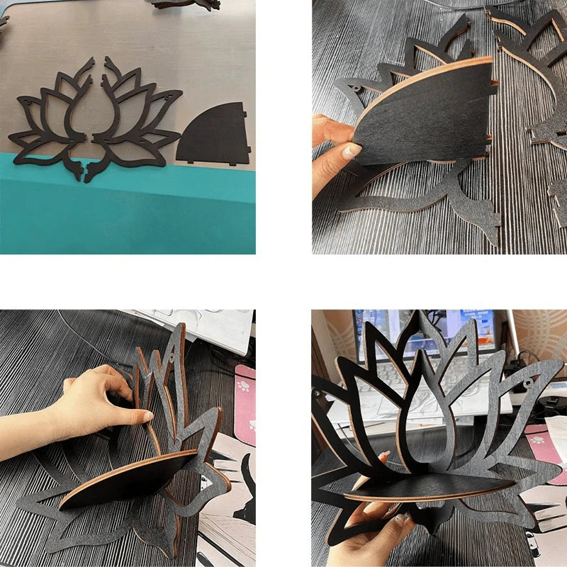 Raft Decorativ din Lemn cu Model Lotus – Stil Boho, Negru