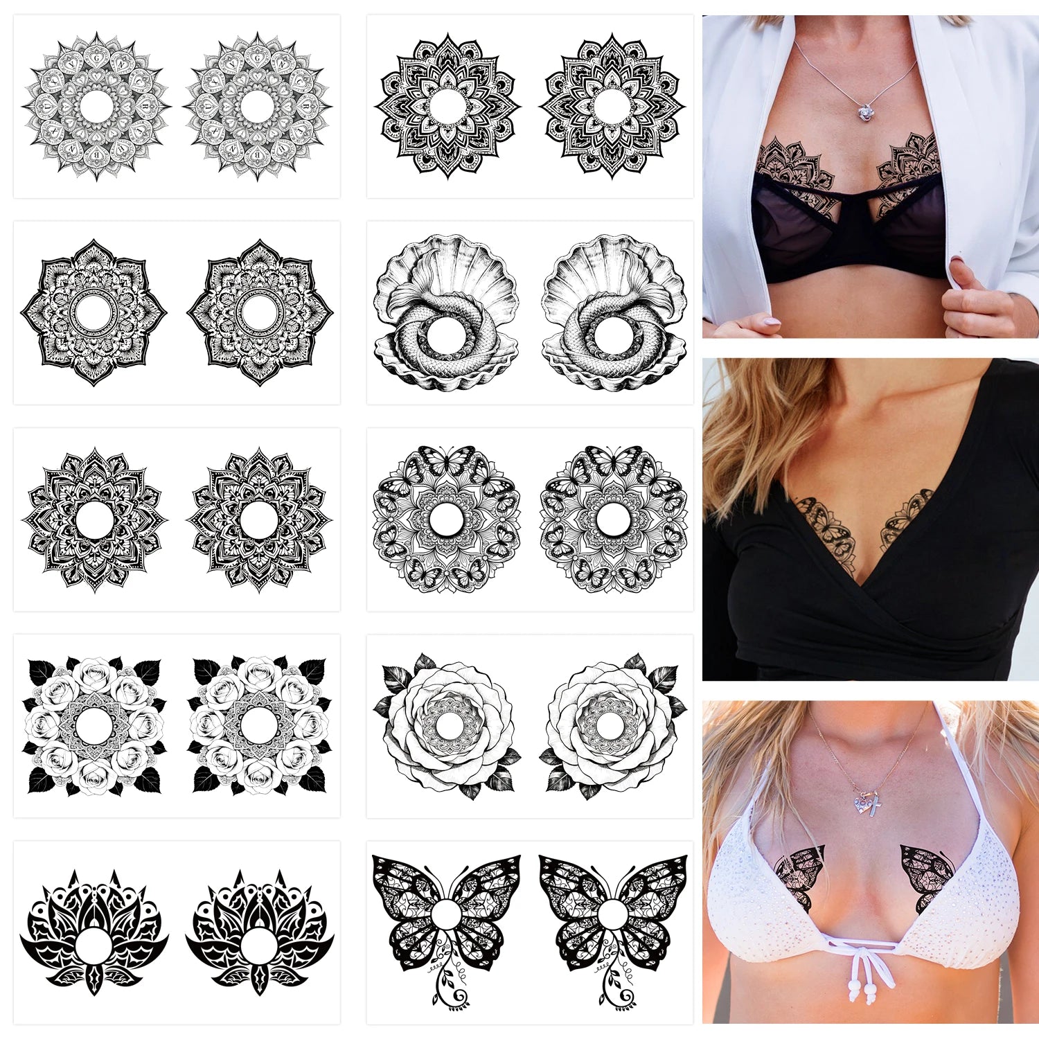 10 Coli Tatuaje Temporare Sexy Piept Mandala & Fluture Waterproof