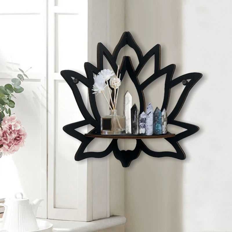 Raft Decorativ din Lemn cu Model Lotus – Stil Boho, Negru