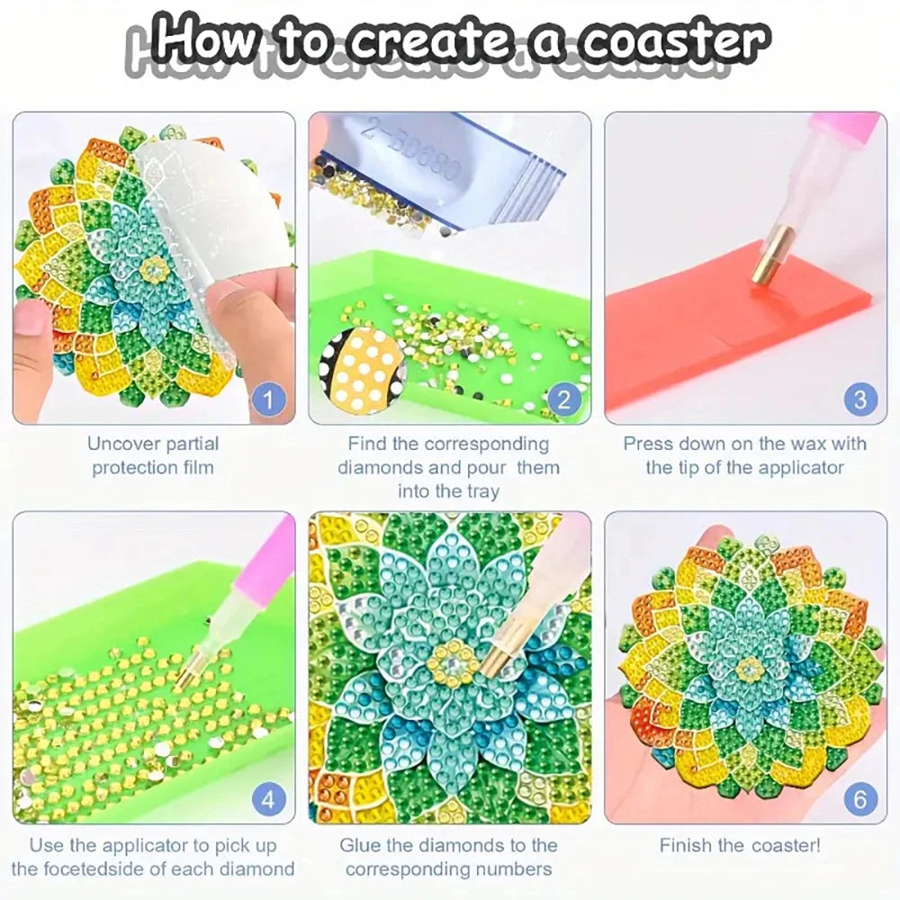 Set 8 Coastere DIY Diamond Art cu Model Lotus – Kit Complet