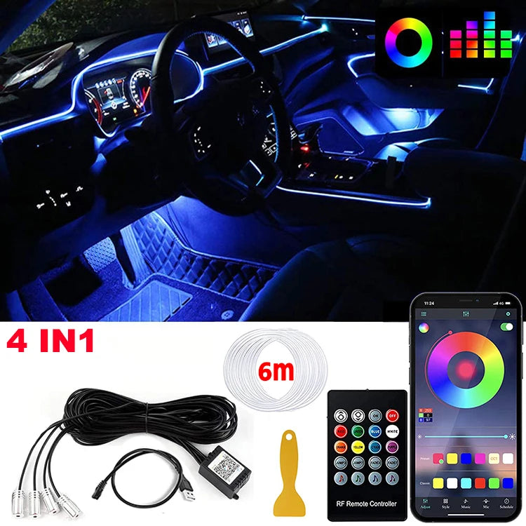 Benzi LED Ambient Interior Auto RGB – Fibră Optică, App+Telecomandă