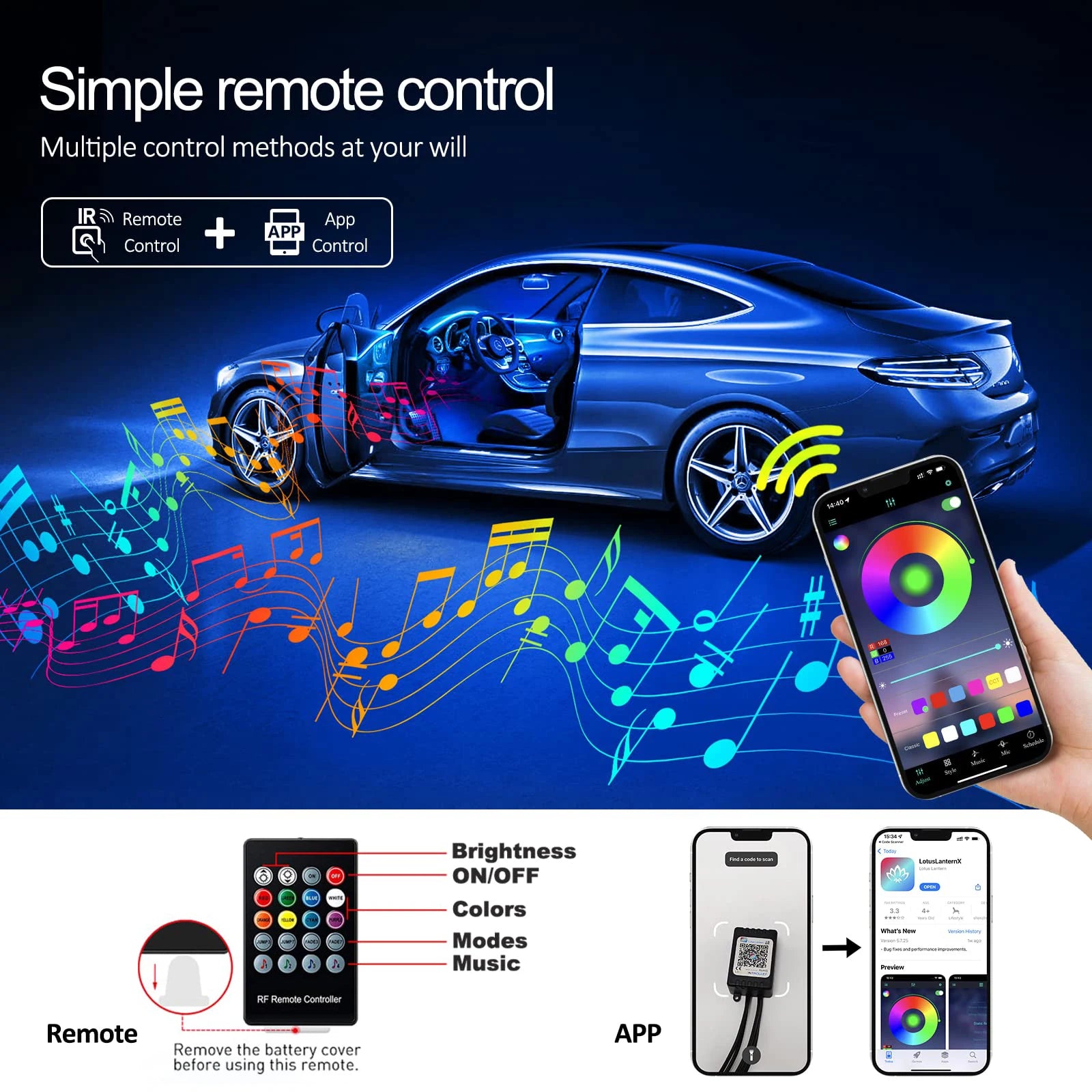 Benzi LED Ambient Interior Auto RGB – Fibră Optică, App+Telecomandă