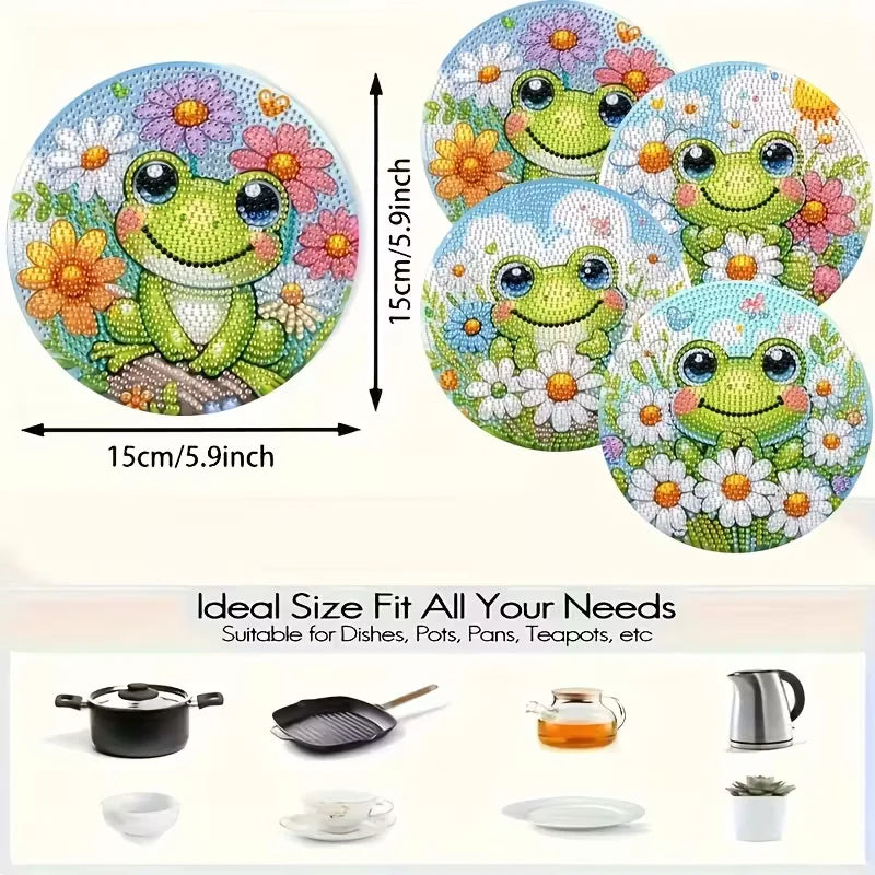 4-piece frog patterned wooden diamond dining mat set, DIY crystal diamond art insulated table mat, mosaic handmade set, without