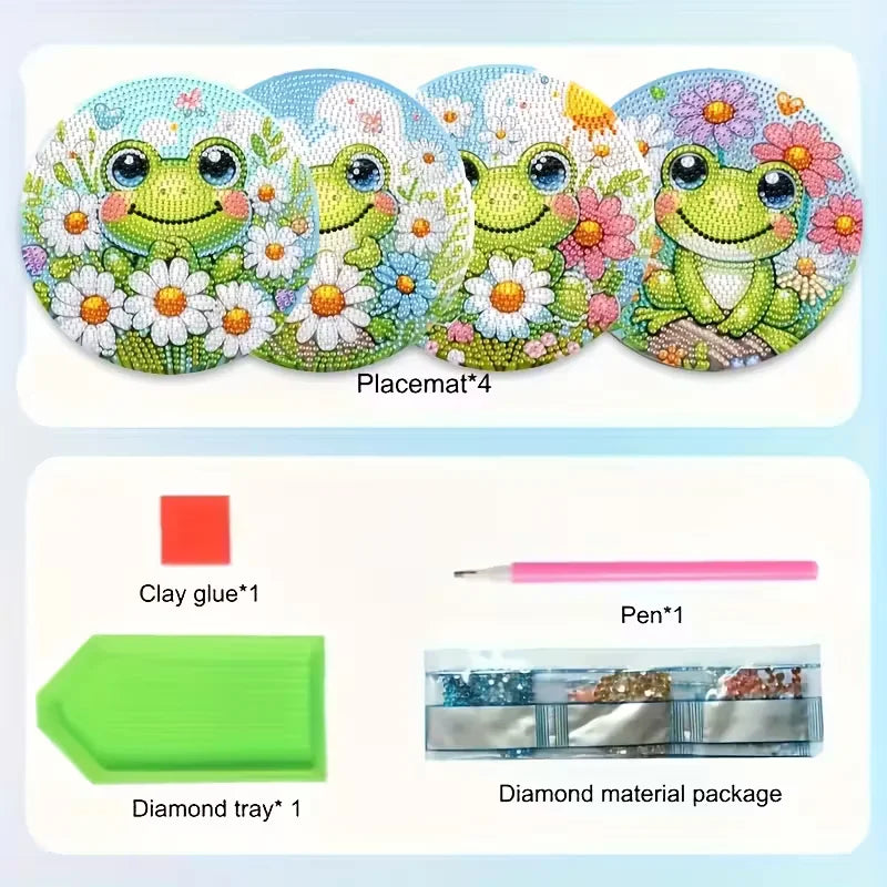 4-piece frog patterned wooden diamond dining mat set, DIY crystal diamond art insulated table mat, mosaic handmade set, without